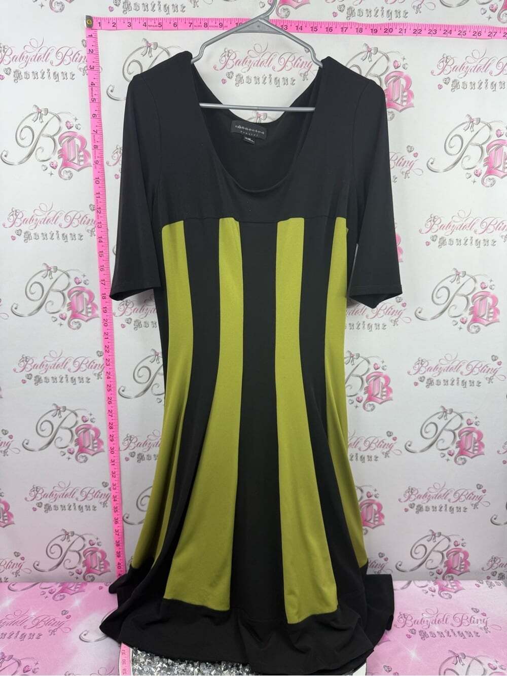 connected apparel dress long Black and Olive Green Vertical Stripe